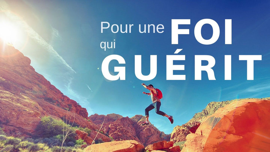 Randonneur sautant d'un rocher à l'autre sous le soleil, titre Pour une foi qui guérit