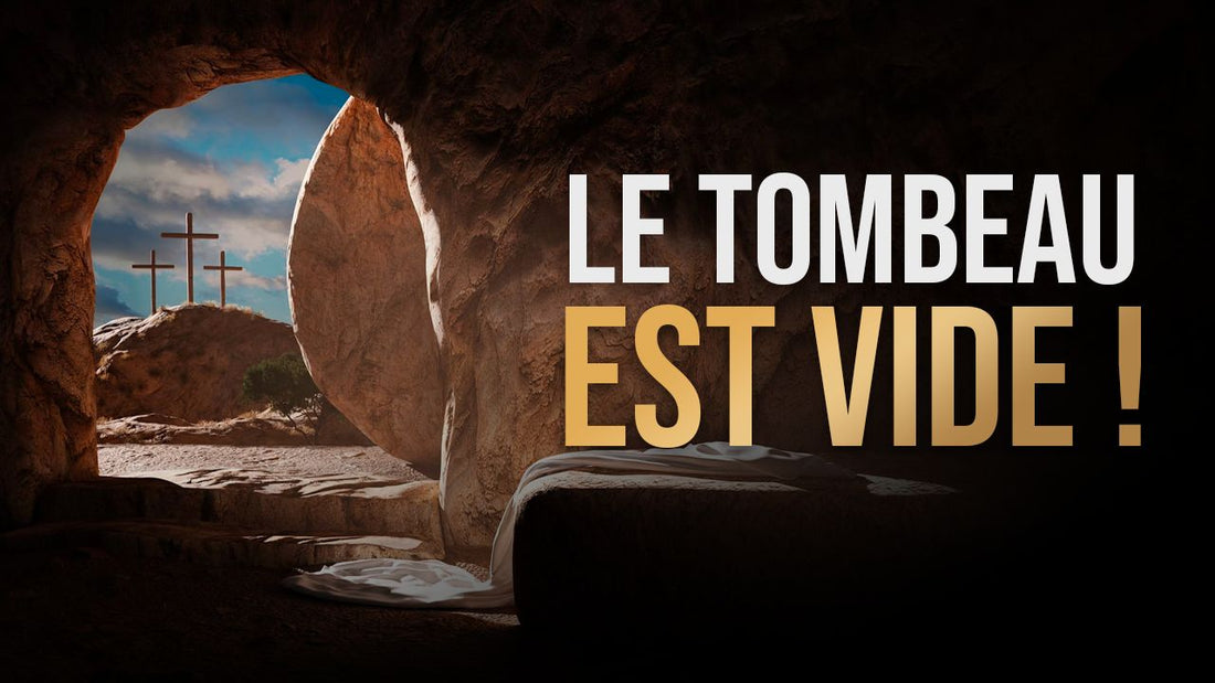 Tombeau ouvert et vide, trois croix au loin sur la colline, titre Le tombeau est vide !